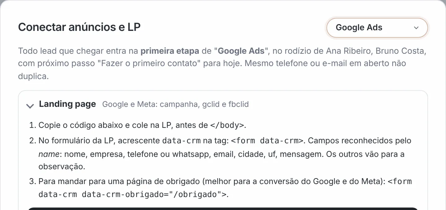Sistemas 6 Tela Conectar anúncios e LP do Jidu CRM: landing page com gclid e fbclid, formulário do Google Ads e da Meta ligados ao funil