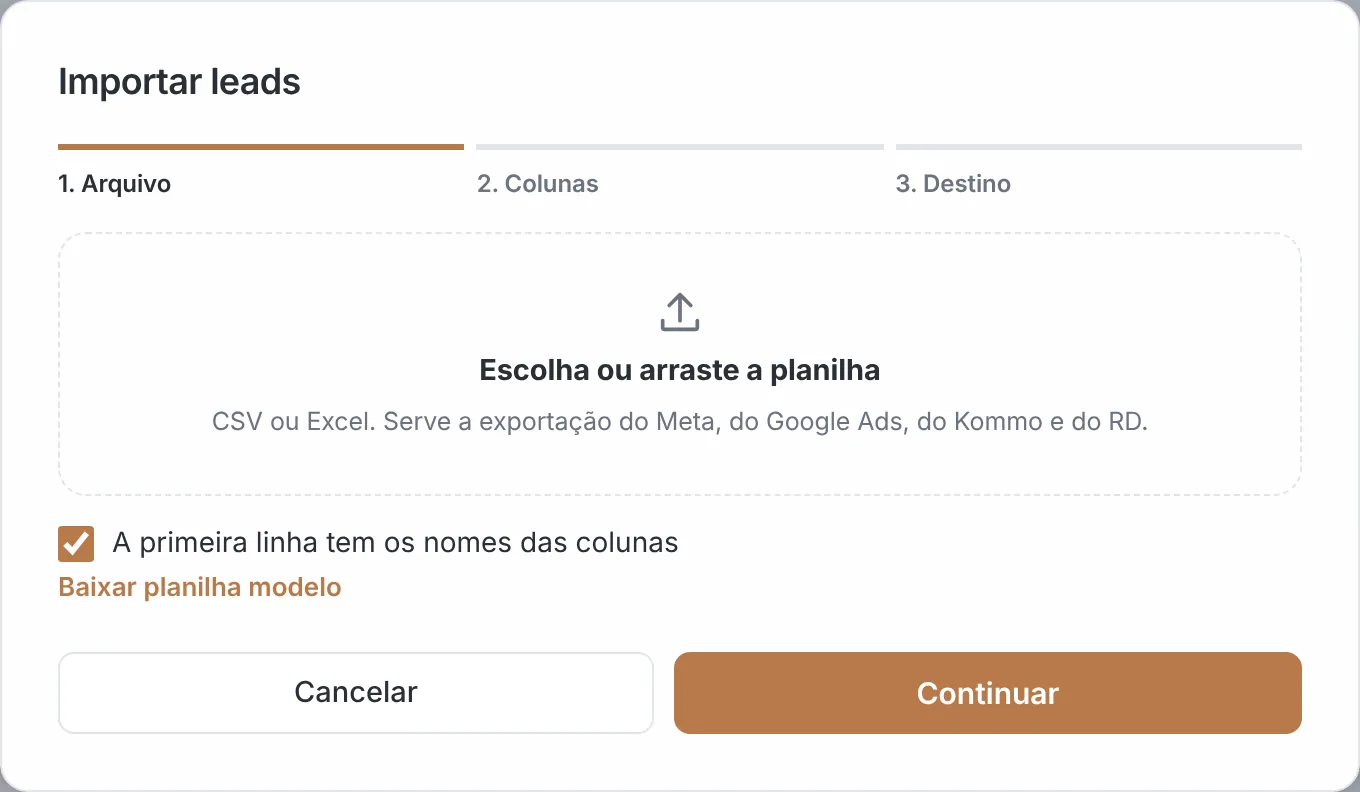 Sistemas 7 Importar leads no Jidu CRM: planilha ou Excel em três passos, inclusive exportação do Google, da Meta e de outros CRMs