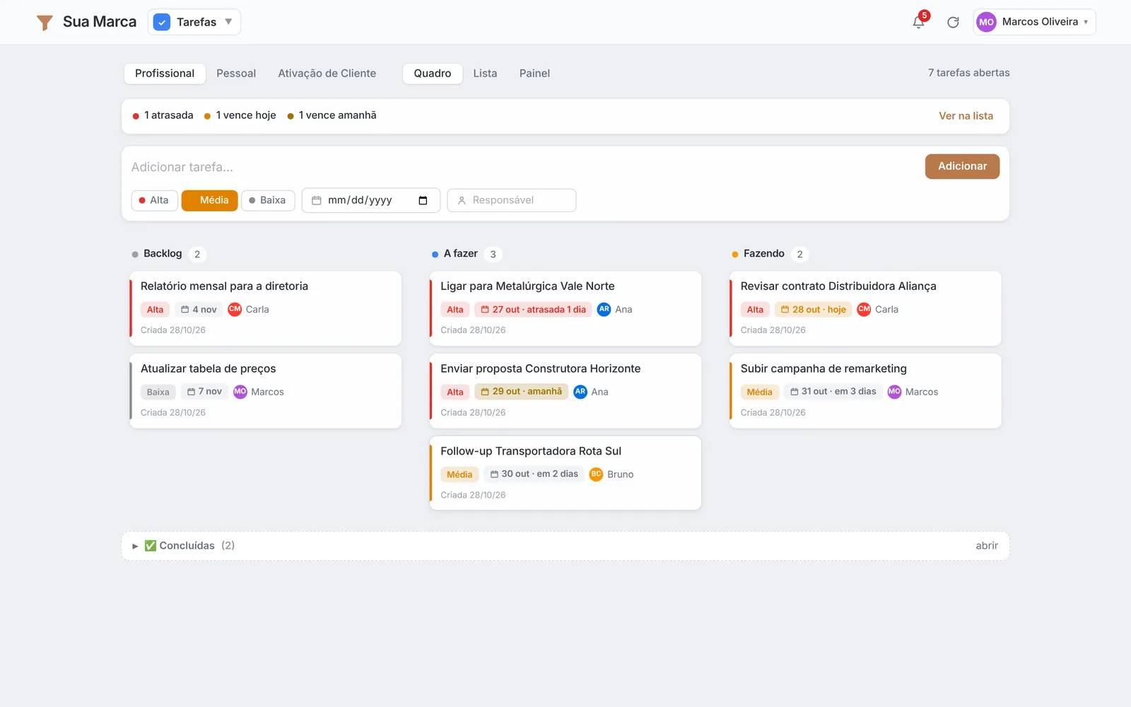 Sistemas 9 Quadro de tarefas do Jidu CRM: Backlog, A fazer, Fazendo e Feito com prioridade, prazo e responsável (dados fictícios)
